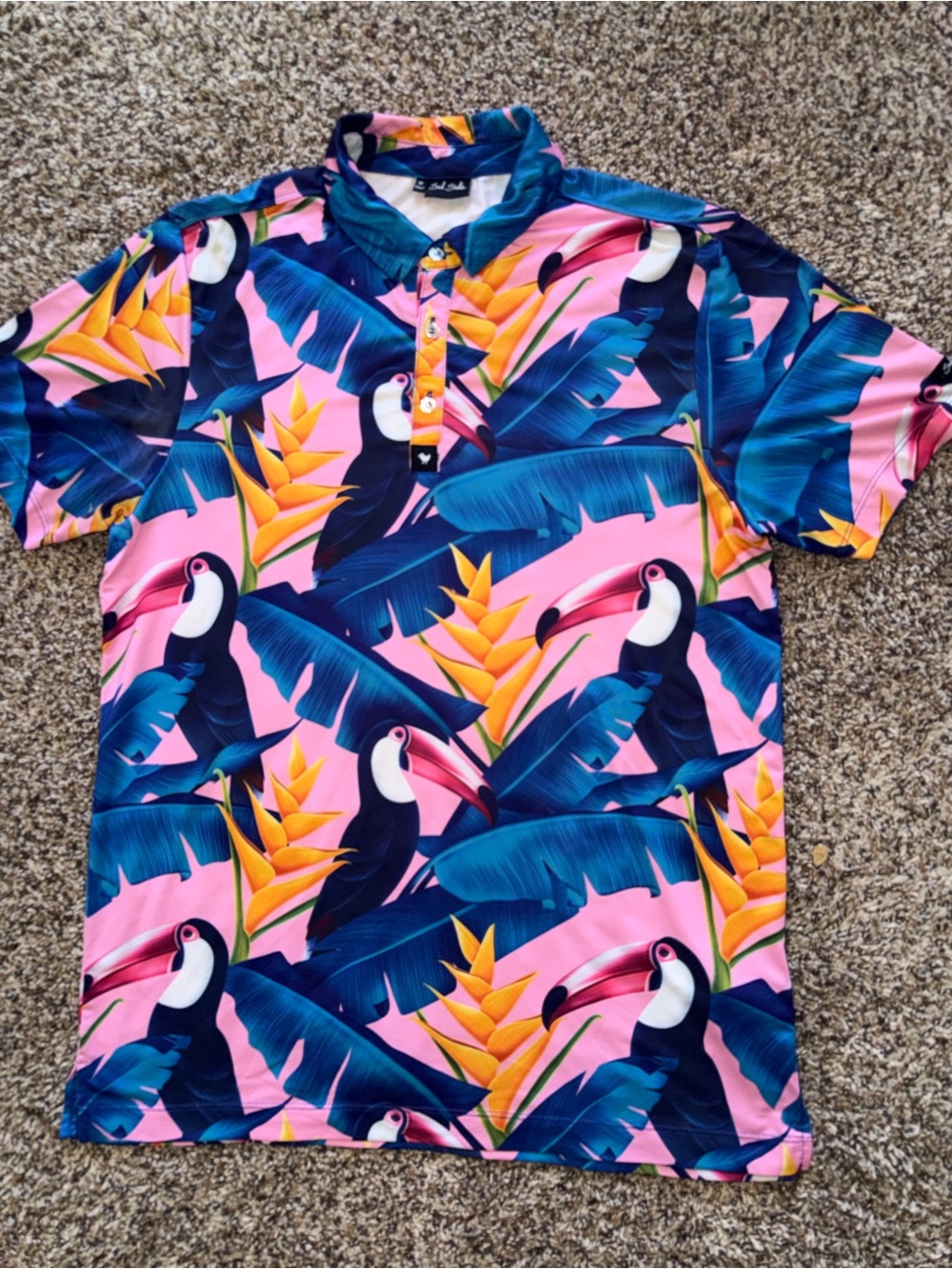 Bad Birdie Men's Pink Toucan & Tropical Leaf Print Polo Shirt Size Medium